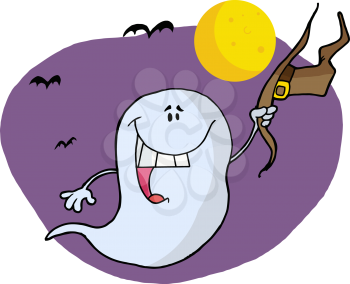 Royalty Free Clipart Image of a Ghost Holding a Witch's Hat