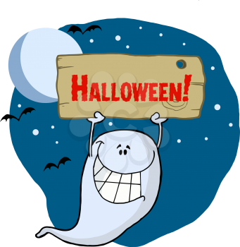 Royalty Free Clipart Image of a Ghost Holding a Halloween Sign