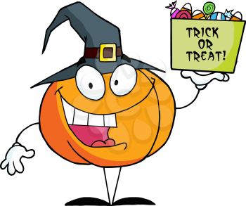 Royalty Free Clipart Image of a Pumpkin Holding a Treat Bucket