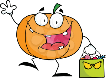 Royalty Free Clipart Image of a Pumpkin Holding a Treat Bag