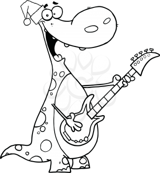 Royalty Free Clipart Image of a Dinosaur in a Santa Hat Playing a Guitar
