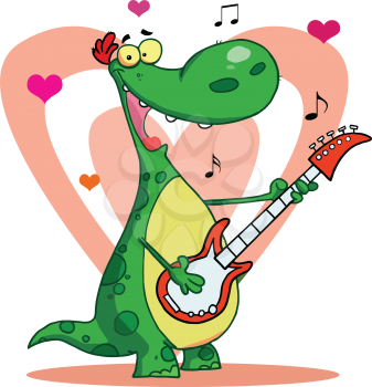 Royalty Free Clipart Image of a Dinosaur With a Guitar Singing a Love Song