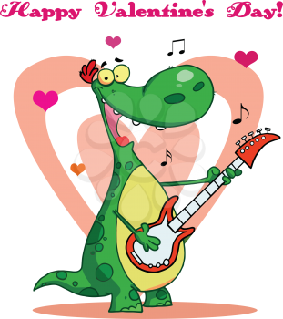 Royalty Free Clipart Image of a Dinosaur Playing Guitar on a Valentine Greeting
