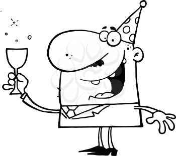 Royalty Free Clipart Image of a Man in a Party Hat Holding a Glass