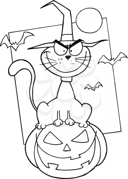 Royalty Free Clipart Image of a Cat on a Jack-o-Lantern