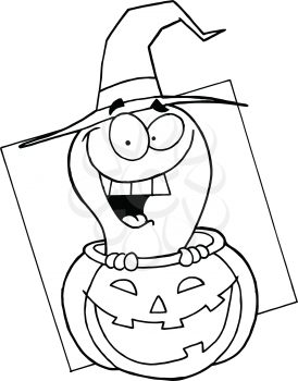 Royalty Free Clipart Image of a Ghost Wearing a Witch's Hat Peeking Out of a Jack-o-Lantern