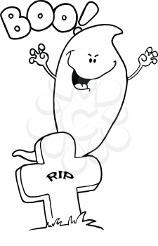 Royalty Free Clipart Image of a Ghost at a Tombstone
