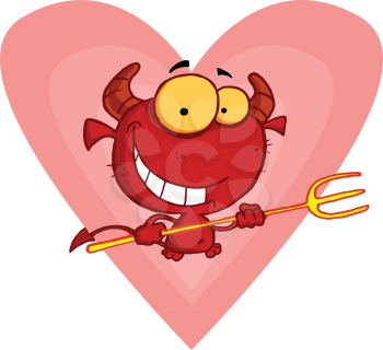 Royalty Free Clipart Image of a Devil With a Pitchfork in Front of a Heart