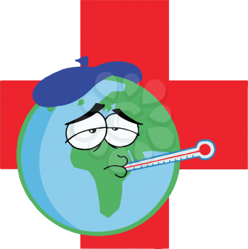 Royalty Free Clipart Image of the World With a Thermometer in Its Mouth in Front of a Red Cross