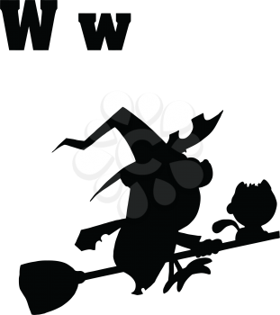 Royalty Free Clipart Image of a Witch and Cat on a Broom