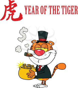 Royalty Free Clipart Image of a Year of the Tiger Design With a Tiger Holding a Pot of Gold