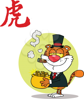 Royalty Free Clipart Image of a Chinese Symbol Over a Tiger Holding a Pot of Gold
