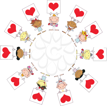 Royalty Free Clipart Image of Diverse Cupids With Hearts Around in a Circle