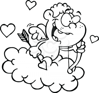 Royalty Free Clipart Image of a Cute Cupid With a Bow and Arrow Flying in a Cloud
