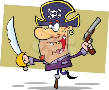 Royalty Free Clipart Image of a Pirate Brandishing a Sword and Holding a Gung