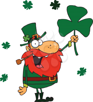 Royalty Free Clipart Image of a Happy Leprechaun With a Shamrock