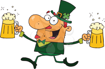 Royalty Free Clipart Image of a Happy Leprechaun With Two Pints of Beer