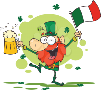 Royalty Free Clipart Image of a Happy Leprechaun With a Glass of Beer and an Irish Flag