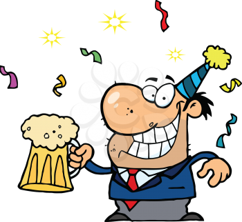 Royalty Free Clipart Image of a Man Partying Holding a Beer Mug