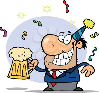 Royalty Free Clipart Image of a Man Celebrating at a Party With Beer