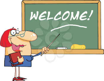 Royalty Free Clipart Image of a Teacher at a Chalkboard With the Word Welcome on It