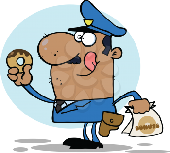 Royalty Free Clipart Image of a Cop Eating Donuts