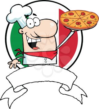Royalty Free Clipart Image of a Pizza Chef in Front of the Italian Flag