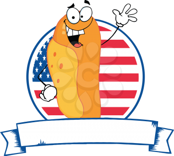 Royalty Free Clipart Image of a Hot Dog in Front of an American Flag