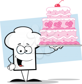Royalty Free Clipart Image of a Chef's Hat Holding a Wedding Cake