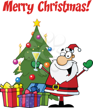 Royalty Free Clipart Image of Santa With a Tree on a Merry Christmas Greeting