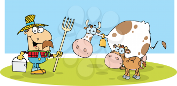 Royalty Free Clipart Image of a Farmer, Cow and Calf