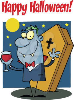 Royalty Free Clipart Image of a Vampire With a Drink in Front of a Coffin