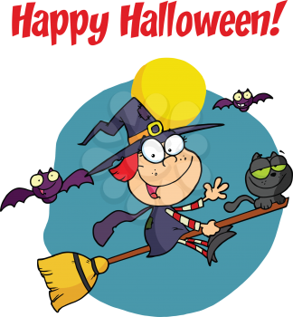 Royalty Free Clipart Image of a Witch and a Cat Riding a Broom on a Happy Halloween Greeting