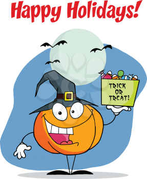 Royalty Free Clipart Image of a Jack-o-Lantern With Candy on a Happy Holidays Greeting
