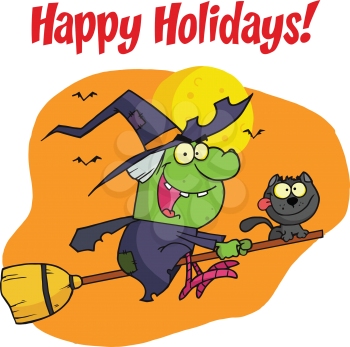 Royalty Free Clipart Image of a Witch and Cat on a Broom on a Happy Holidays Greetings