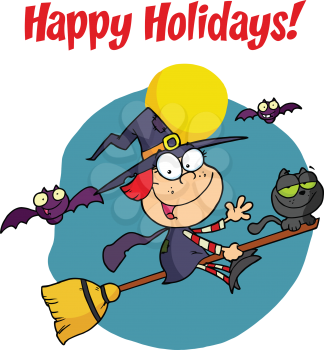Royalty Free Clipart Image of a Witch on a Happy Halloween Greeting