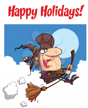 Royalty Free Clipart Image of a Witch Riding a Broom on a Happy Holidays Greetings
