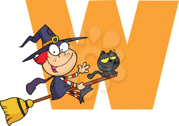 Royalty Free Clipart Image of W is For a Witch Riding Her Broom 