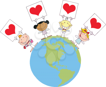 Royalty Free Clipart Image of Four Angels Holding Hearts on the World