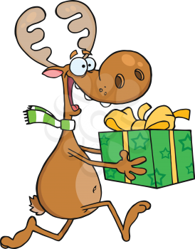 Royalty Free Clipart Image of a Reindeer Running With a Present