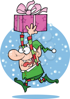 Royalty Free Clipart Image of an Elf With a Present