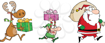 Royalty Free Clipart Image of a Reindeer Elf and Santa Running With Gifts