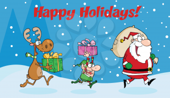 Royalty Free Clipart Image of Santa an Elf and Reindeer Delivering Presents Under a Happy Holidays Greetings