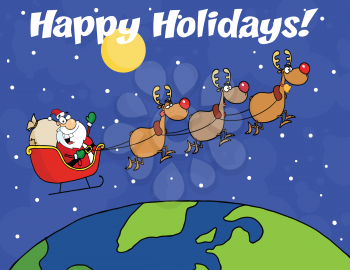 Royalty Free Clipart Image of Santa and His Reindeer Flying Around the Globe