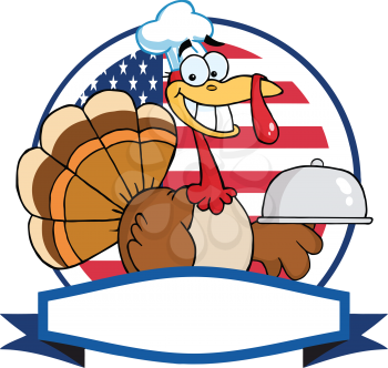 Royalty Free Clipart Image of a Turkey in a Chef's Hat With a Tray in Front of the American Flag