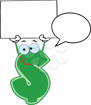 Royalty Free Clipart Image of a Dollar Symbol With a Speech Bubble Holding a Blank Sign