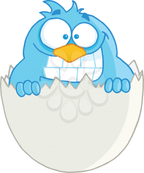 Royalty Free Clipart Image of a Smiling Bluebird in an Eggshell