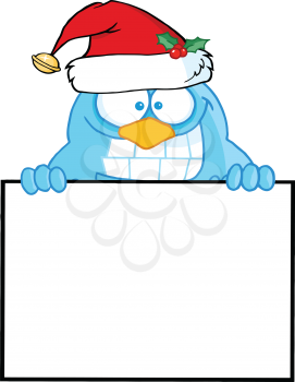 Royalty Free Clipart Image of a Bluebird in a Santa Hat Holding a Blank Sign