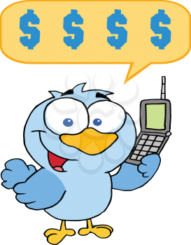 Royalty Free Clipart Image of a Bluebird With a Cellphone and a Speech Bubble