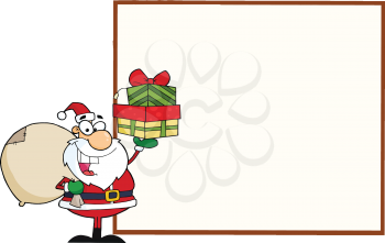Royalty Free Clipart Image of a Santa With Presents at a Blank Sign